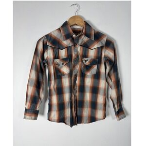 Western Cowboy Hardware Kids Med Shirt Orange Blue Plaid Bull Skull Snap Front